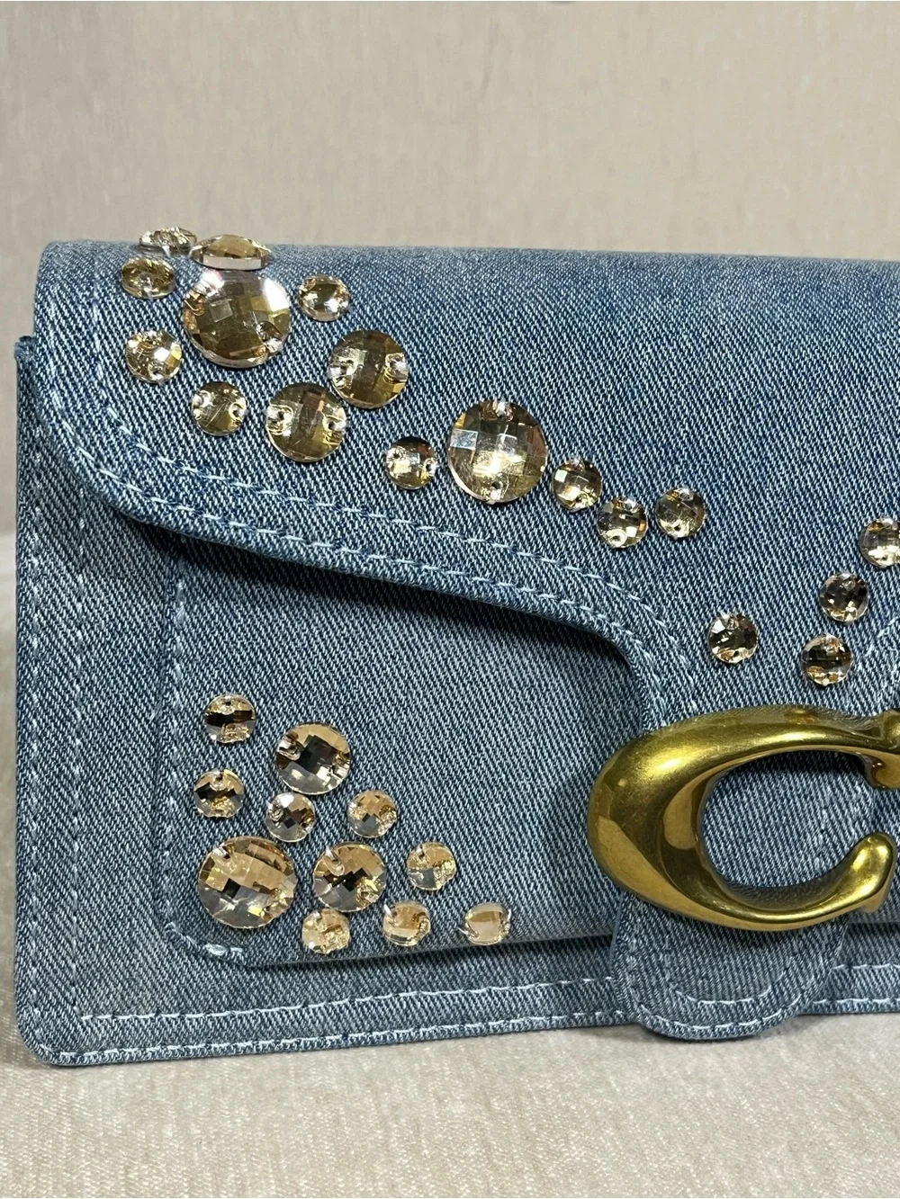 Coach Light Blue Denim Crystal-Embellished Clutch with Gold 'C'